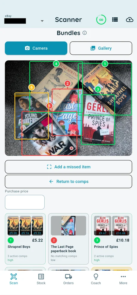 Bundles: a pile of books split into five numbered items, each priced