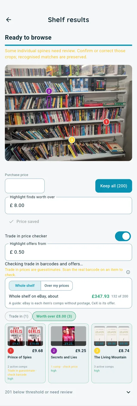 Shelf results: a bookshelf scanned, 200 books found, the finds worth over £8 first