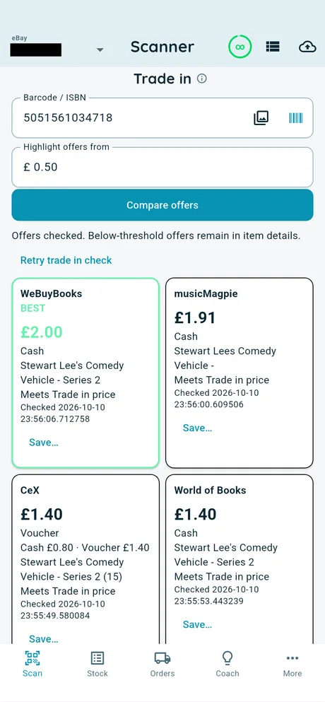 Trade in: four buyers' offers for one barcode, best first